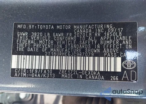 2018 Toyota Corolla L из США, поврежденный, VIN 2T1BURHE6JC987079